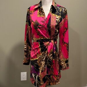 Vibrant Pink and Black Wrap Dress